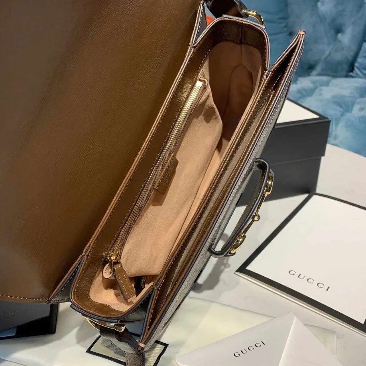 Gucci Horsebit 1955 Shoulder Bag Beige/Ebony GG Supreme Canvas With Brown / Gucci Horsebit 1955 Shoulder Bag Beige/Ebony GG Supreme Canvas With Brown /