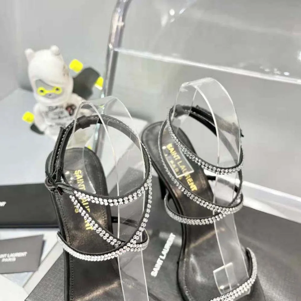 Saint Laurent YSL Georgia Sandals in Crepe Satin with Rhinestones for Women