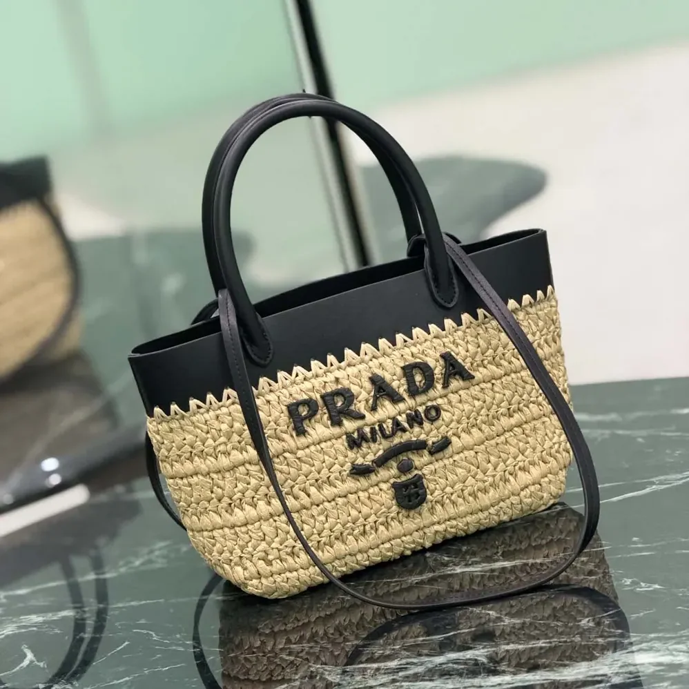 Prada Mini Crochet and Leather Tote Bag for Women Prada Mini Crochet and Leather Tote Bag for Women