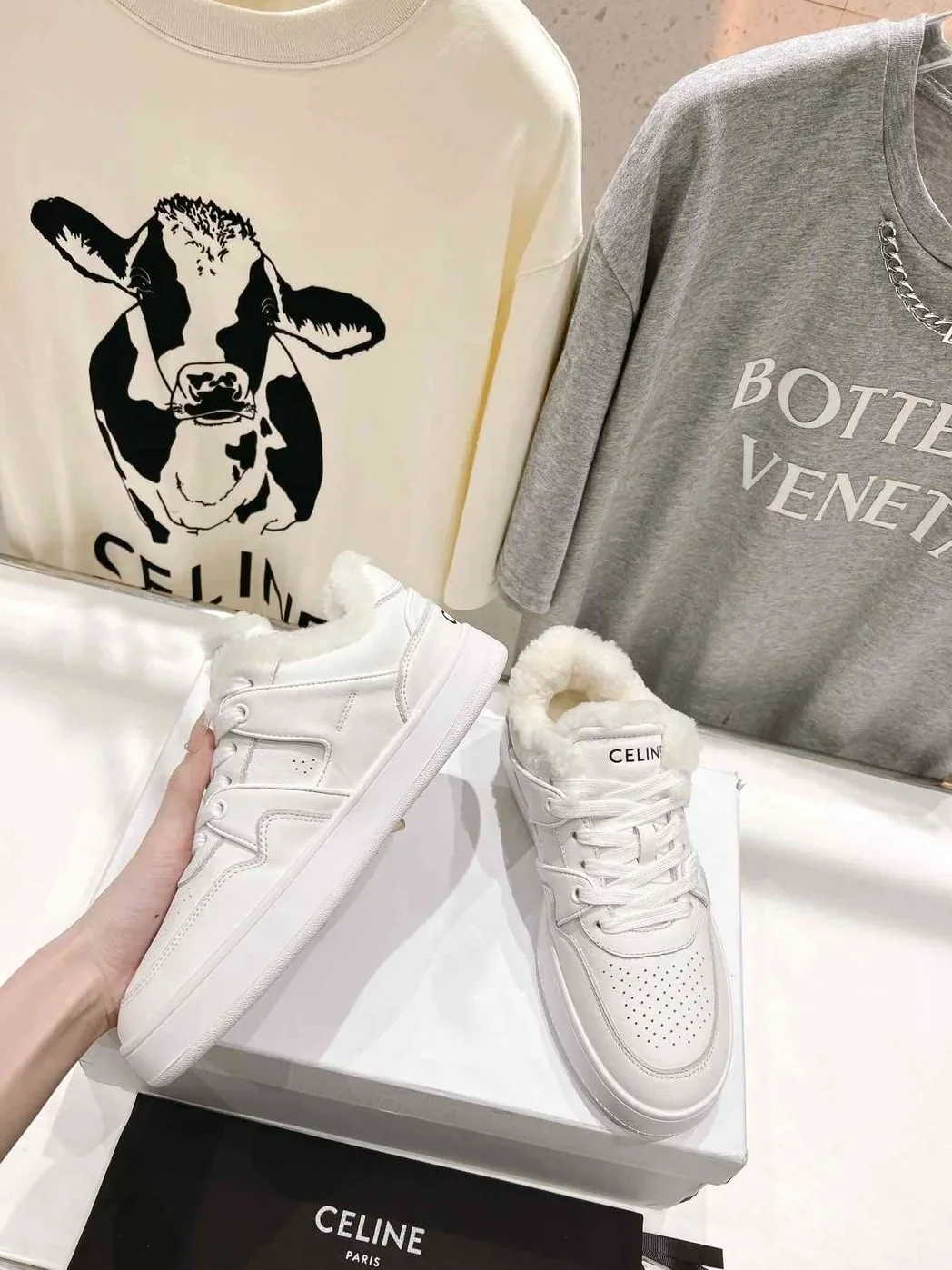 Celine Trainer Low Lace-Up Sneaker With Fur White Celine Trainer Low Lace-Up Sneaker With Fur White