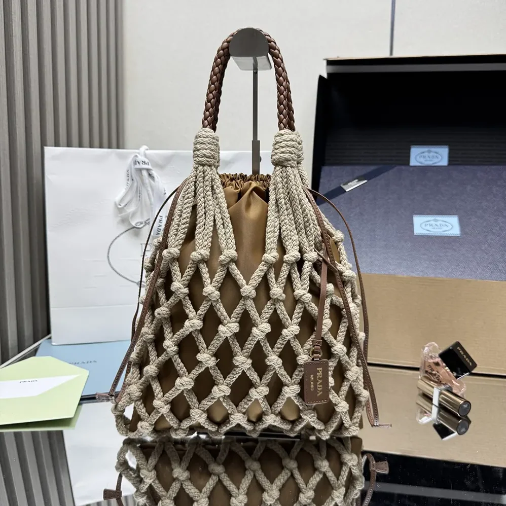 Prada Cotton Cord Macramé Tote Bag for Unisex in Brown