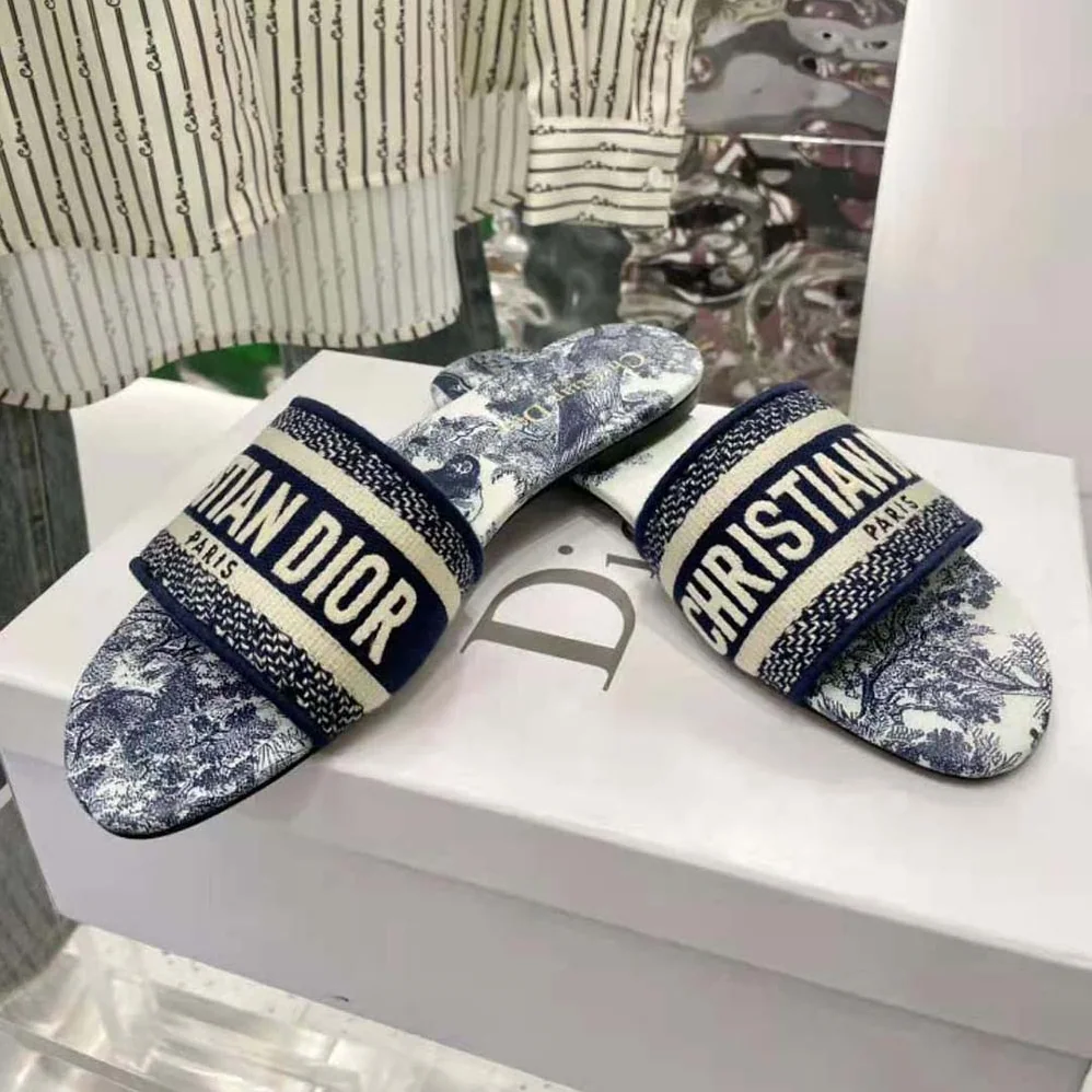 Dior Dway Slide Blue Cotton Embroidery for Women