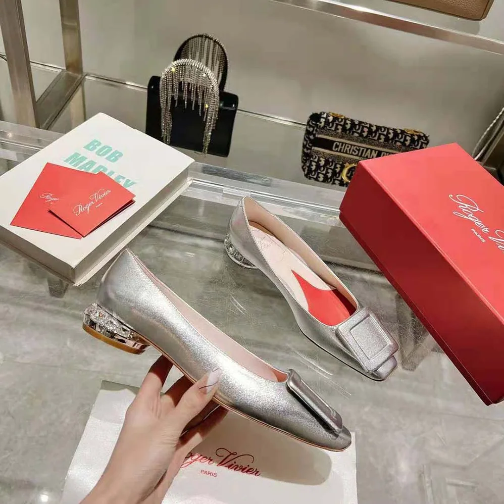 Roger Vivier Strass Heel Covered Buckle Ballerinas in Nappa Leather for Women in Silver