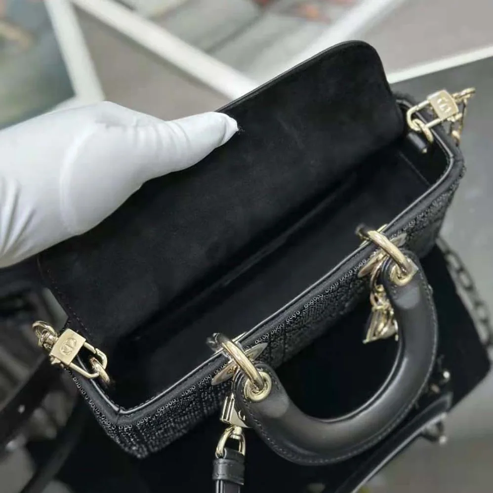Dior Small Lady D-joy Bag Black Cannage Cotton with Micropearl Embroidery for Women