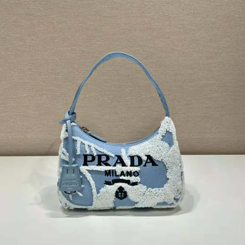 Prada Re-Edition 2000 Embroidered Drill Mini Bag for Women in Blue