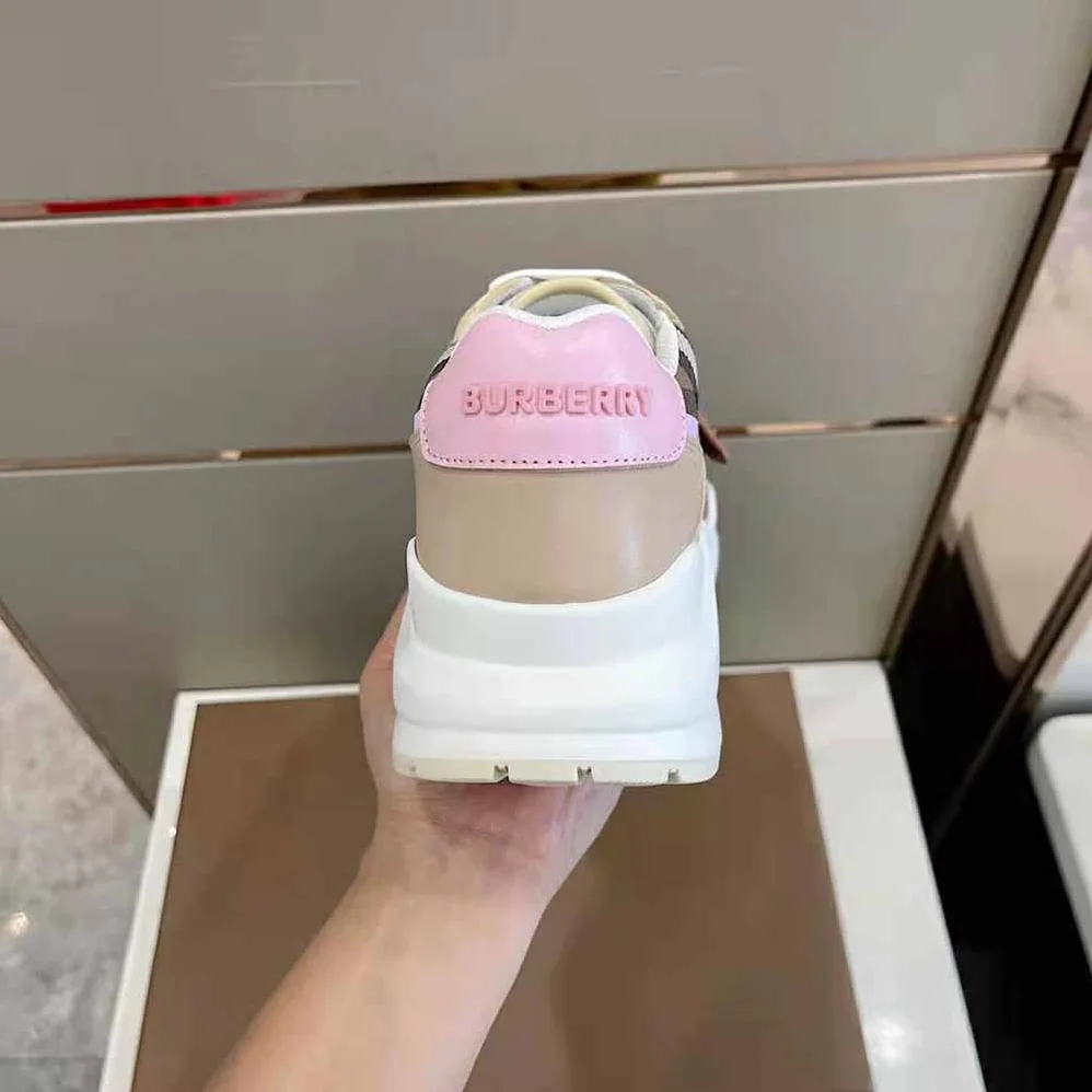 Burberry Check Cotton and Leather Sneakers for Women in Pink
