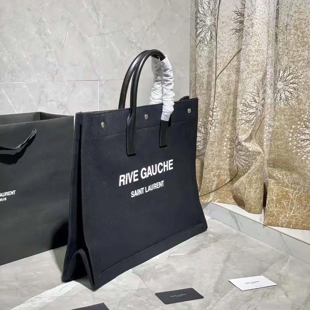 Saint Laurent YSL Rive Gauche Tote Bag in Linen and Leather for Women Saint Laurent YSL Rive Gauche Tote Bag in Linen and Leather for Women