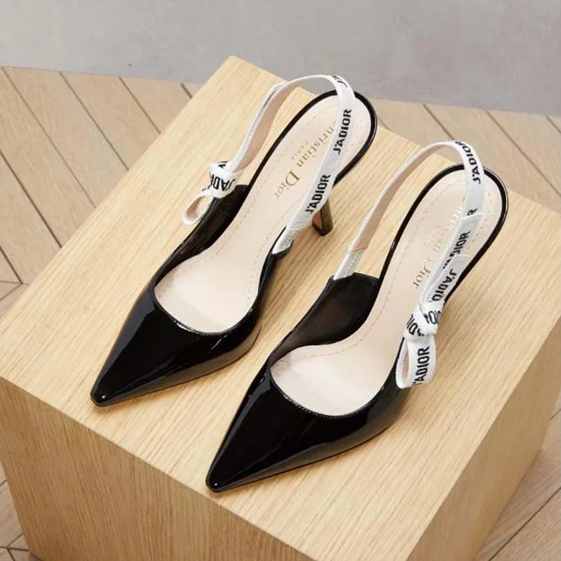 Dior Slingback Black Patent Calfskin Leather J'Adior Ribbon 10cm for Women