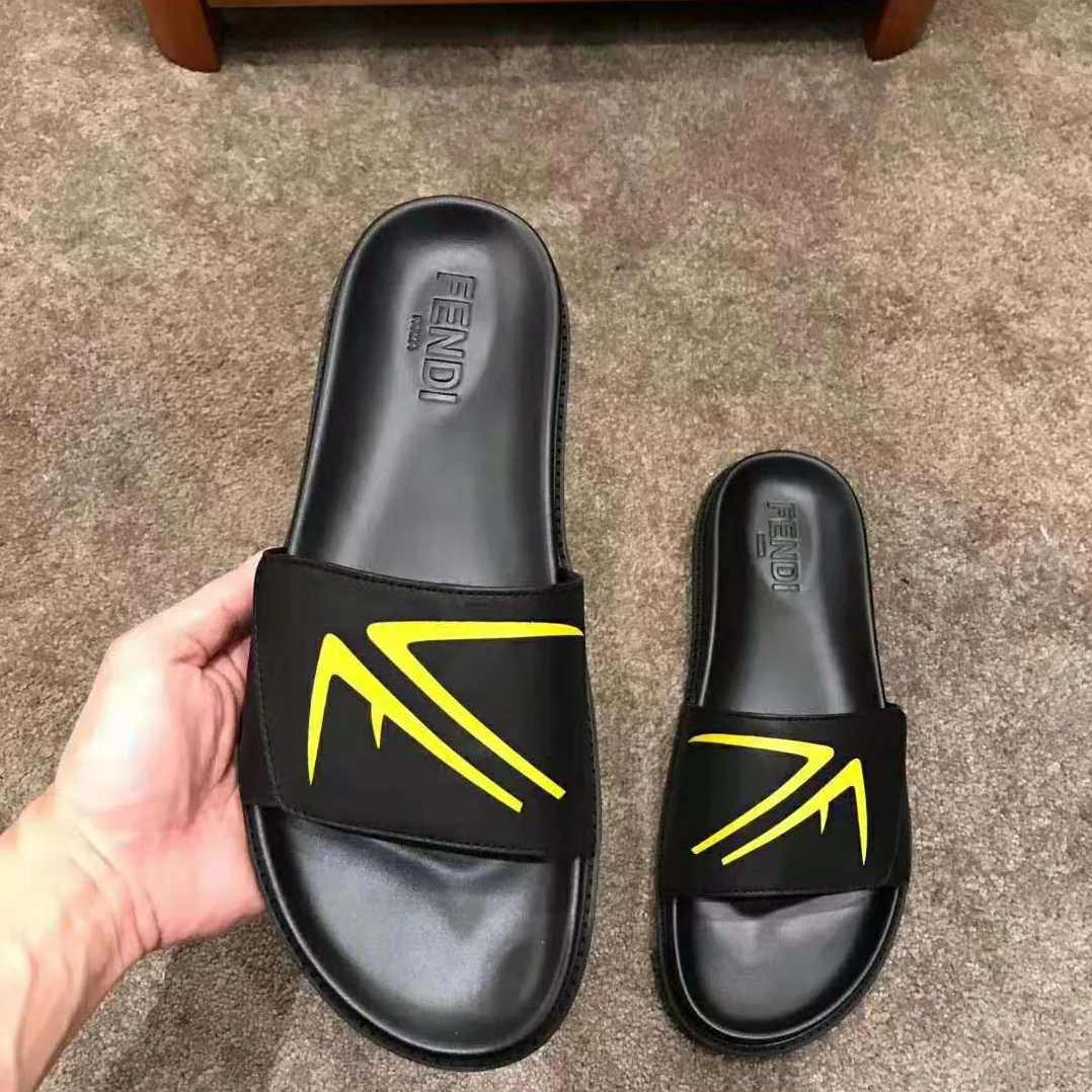 Fendi SLIDES Black Scuba and Leather Slides for Men