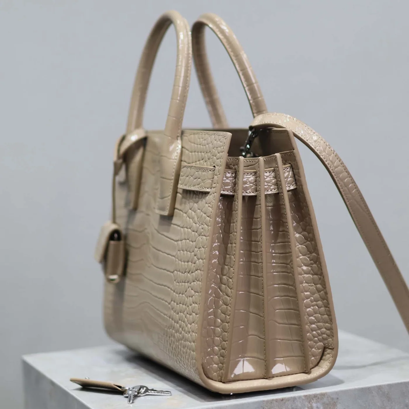 Saint Laurent YSL Sac De Jour in Embossed Crocodile Leather Baby for Women in Sandy Saint Laurent YSL Sac De Jour in Embossed Crocodile Leather Baby for Women in Sandy