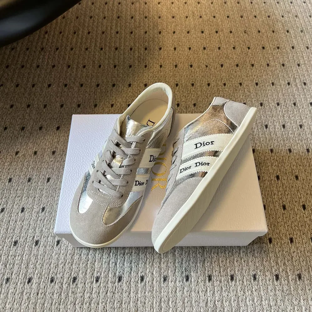 Dior Ribbon Sneaker Gray Suede Calfskin and Silver for Women in Tone Crinkled Laminated Lambskin Dior Ribbon Sneaker Gray Suede Calfskin and Silver for Women in Tone Crinkled Laminated Lambskin