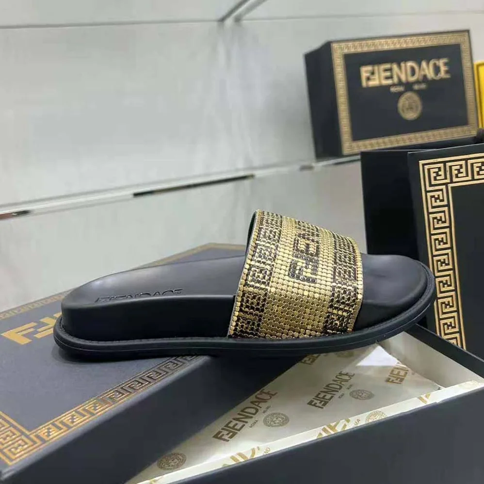 Versace Fendace Logo Metal Mesh Sliders for Unisex in Black Versace Fendace Logo Metal Mesh Sliders for Unisex in Black