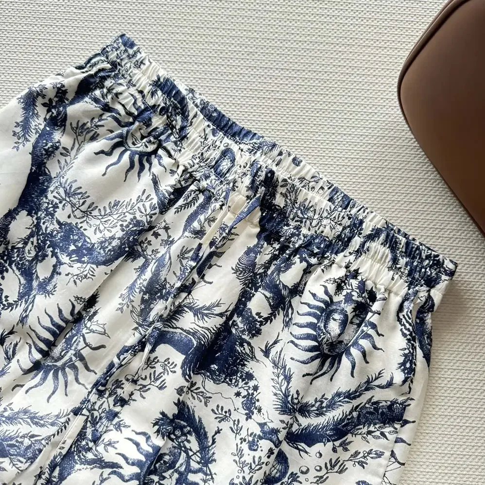 Dior Pants White and Navy Blue Toile de Jouy Soleil Cotton Voile for Women