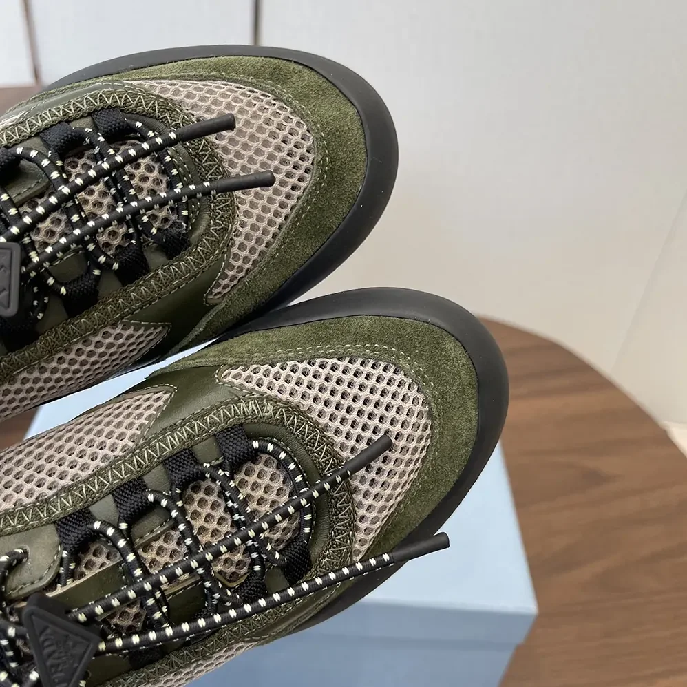 Prada Speedrock Leather And Mesh Fabric Sneakers for Unisex in Dark Green