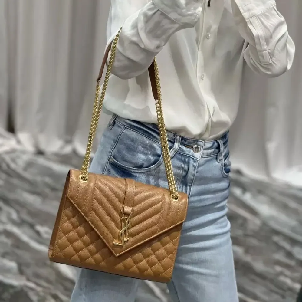 Saint Laurent YSL Envelope Medium in Matelasse Lambskin for Women in Brown