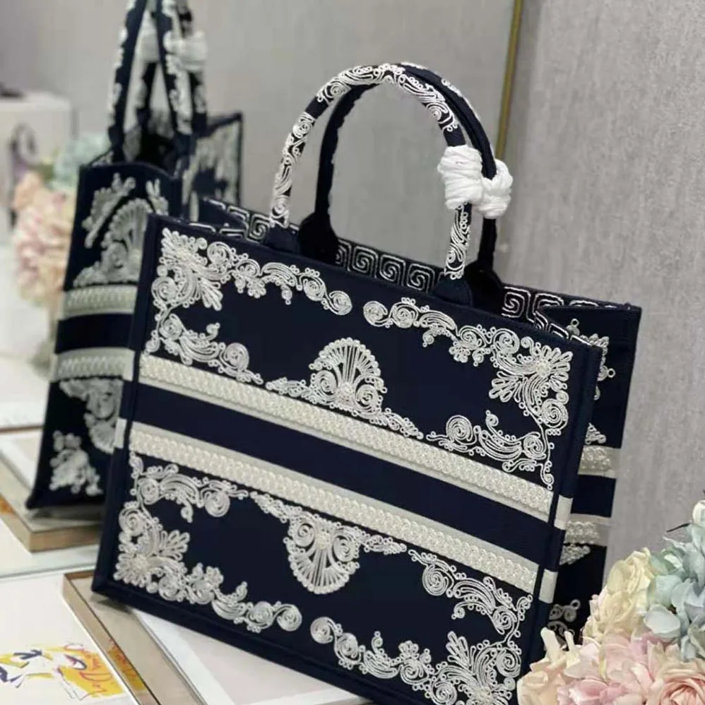 Dior Large Dior Book Tote Blue and White Cornely for Women in Effect Embroidery