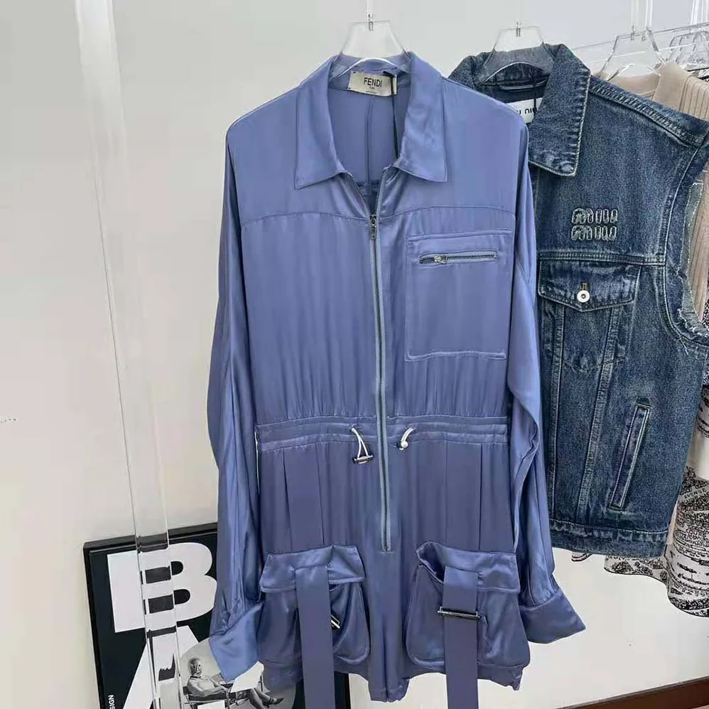 Fendi Jumpsuit Playsuit in Blue Viscose Satin for Women Fendi Jumpsuit Playsuit in Blue Viscose Satin for Women