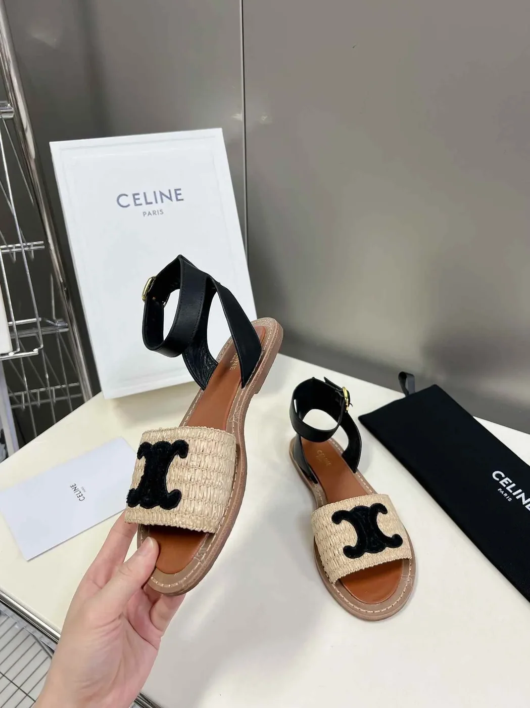 Celine Lympia Flat Strap Sandal In Raffia Black .02BL Celine Lympia Flat Strap Sandal In Raffia Black .02BL