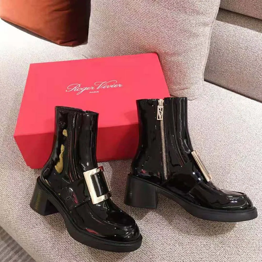 Roger Vivier Viv' Rangers Metal Buckle Ankle Boots in Patent Leather in 6cm Heel for Women Roger Vivier Viv' Rangers Metal Buckle Ankle Boots in Patent Leather in 6cm Heel for Women