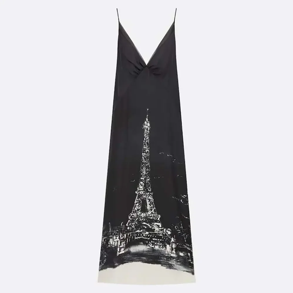 Dior A-Line Mid-Length Dress Black and White Silk Twill with Paris Motif for Women Dior A-Line Mid-Length Dress Black and White Silk Twill with Paris Motif for Women