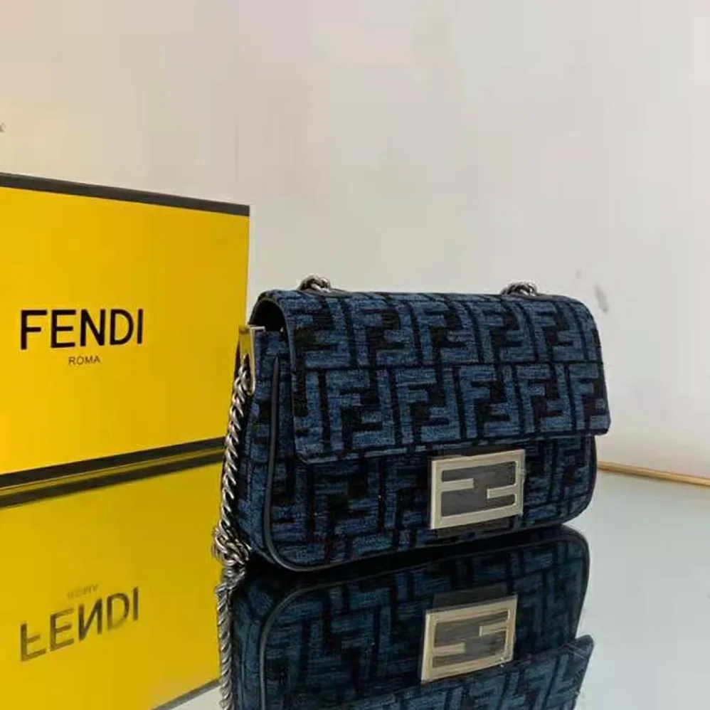 Fendi Baguette Chain Midi Dark Blue FF Tapestry Fabric Bag for Women Fendi Baguette Chain Midi Dark Blue FF Tapestry Fabric Bag for Women