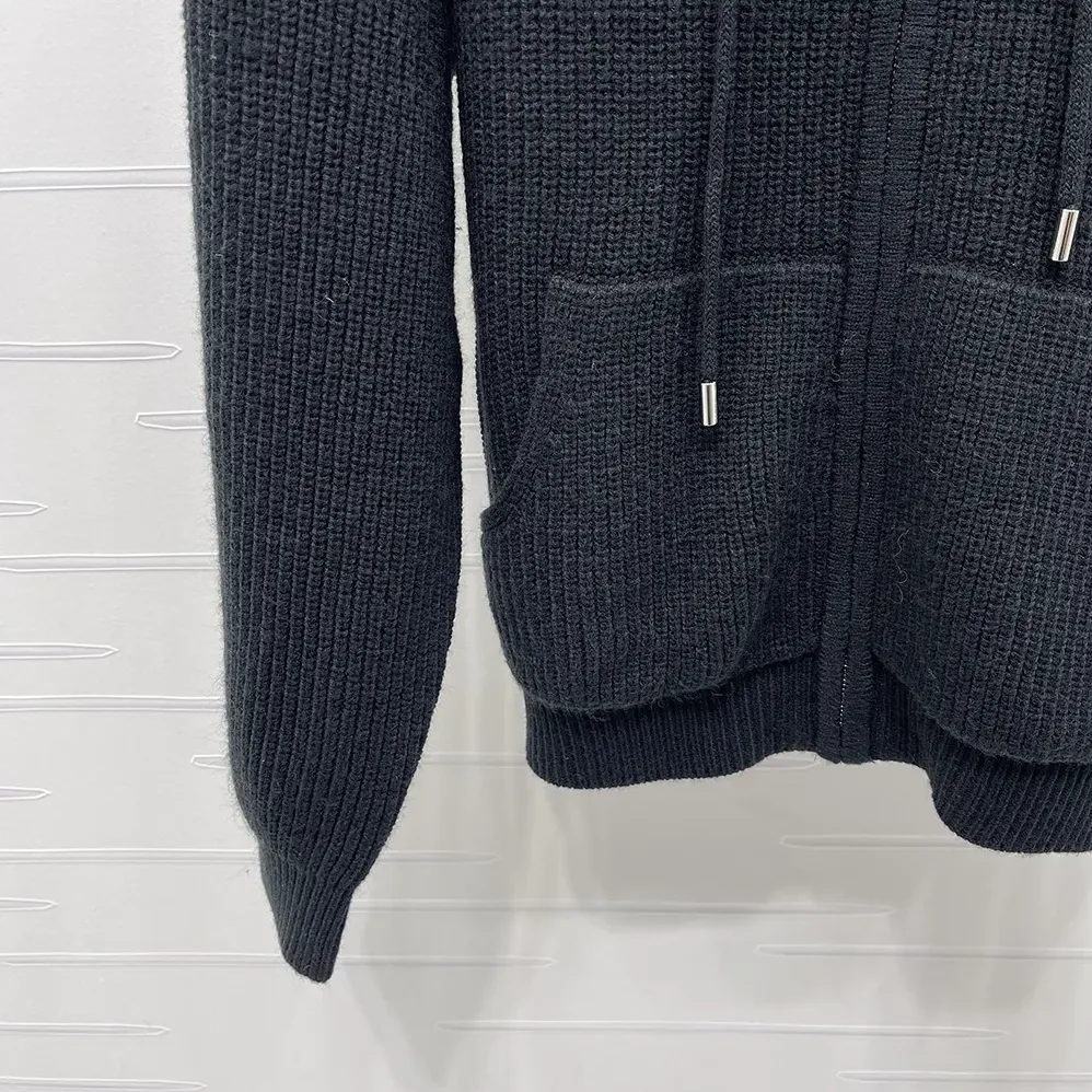 Celine Hooded Cardigan in Ribbed Wool for Women in Black