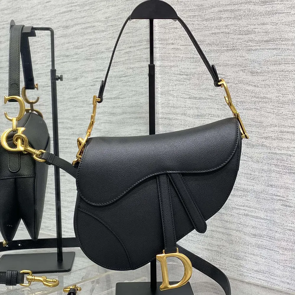 Dior Saddle Bag with Strap Black Grained Calfskin for Women