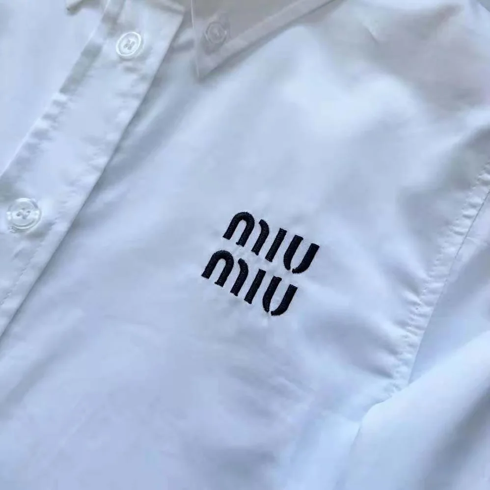 Miu Miu Cropped Poplin Shirt with Embroidered Logo for Women in White