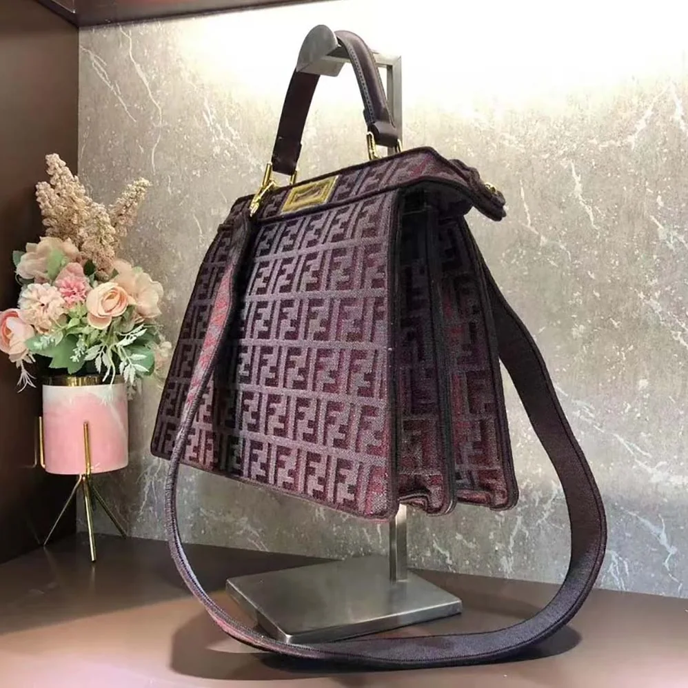 Fendi Peekaboo ISeeU Medium Maroon FF Tapestry Fabric Bag for Women Fendi Peekaboo ISeeU Medium Maroon FF Tapestry Fabric Bag for Women