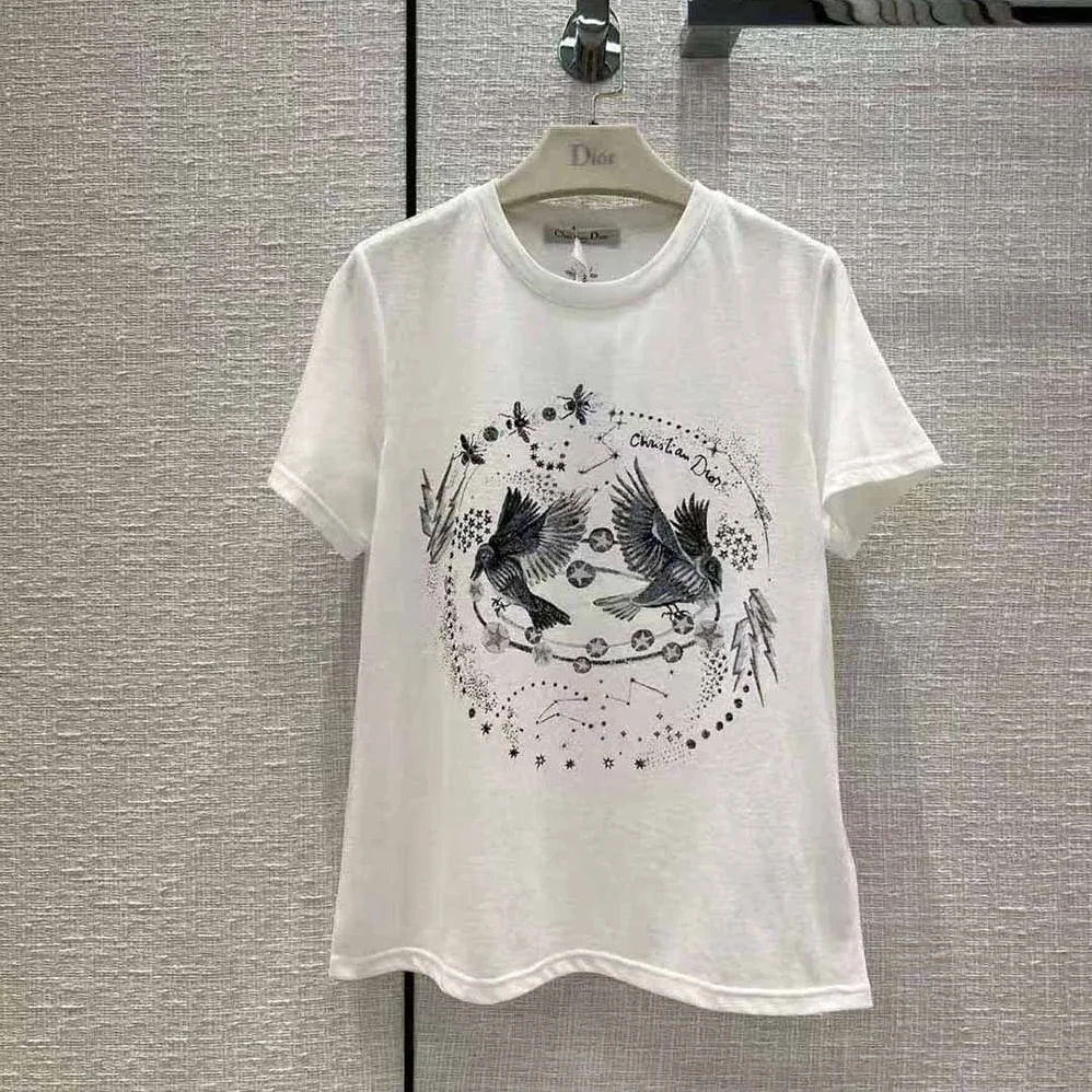 Dior T-shirt White Cotton Jersey and Linen with Black Gemini Motif for Women