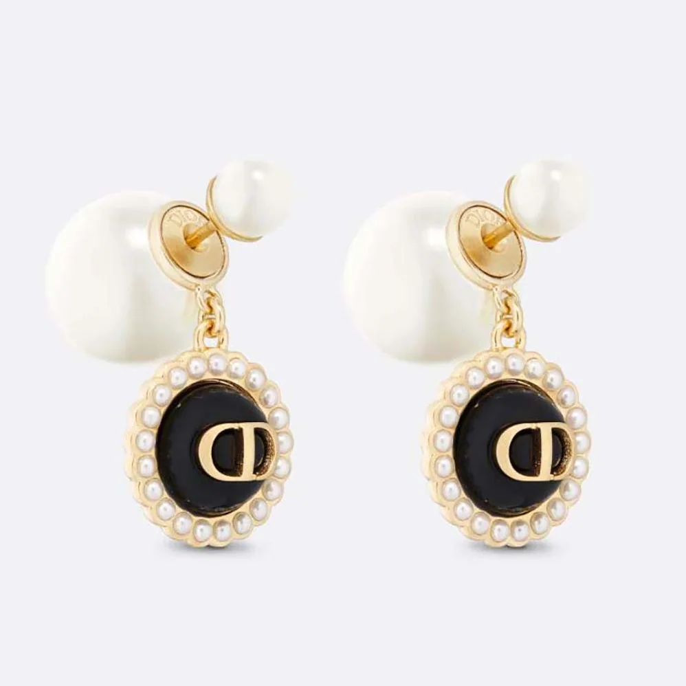 Dior Tribales Earrings Gold-Finish Metal with White Resin Pearls and Black Glass for Women Dior Tribales Earrings Gold-Finish Metal with White Resin Pearls and Black Glass for Women