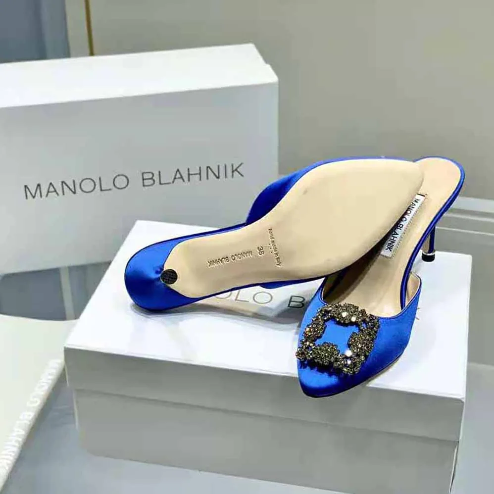 Manolo Blahnik Blue Satin Jewel Buckle Mules for Women Manolo Blahnik Blue Satin Jewel Buckle Mules for Women