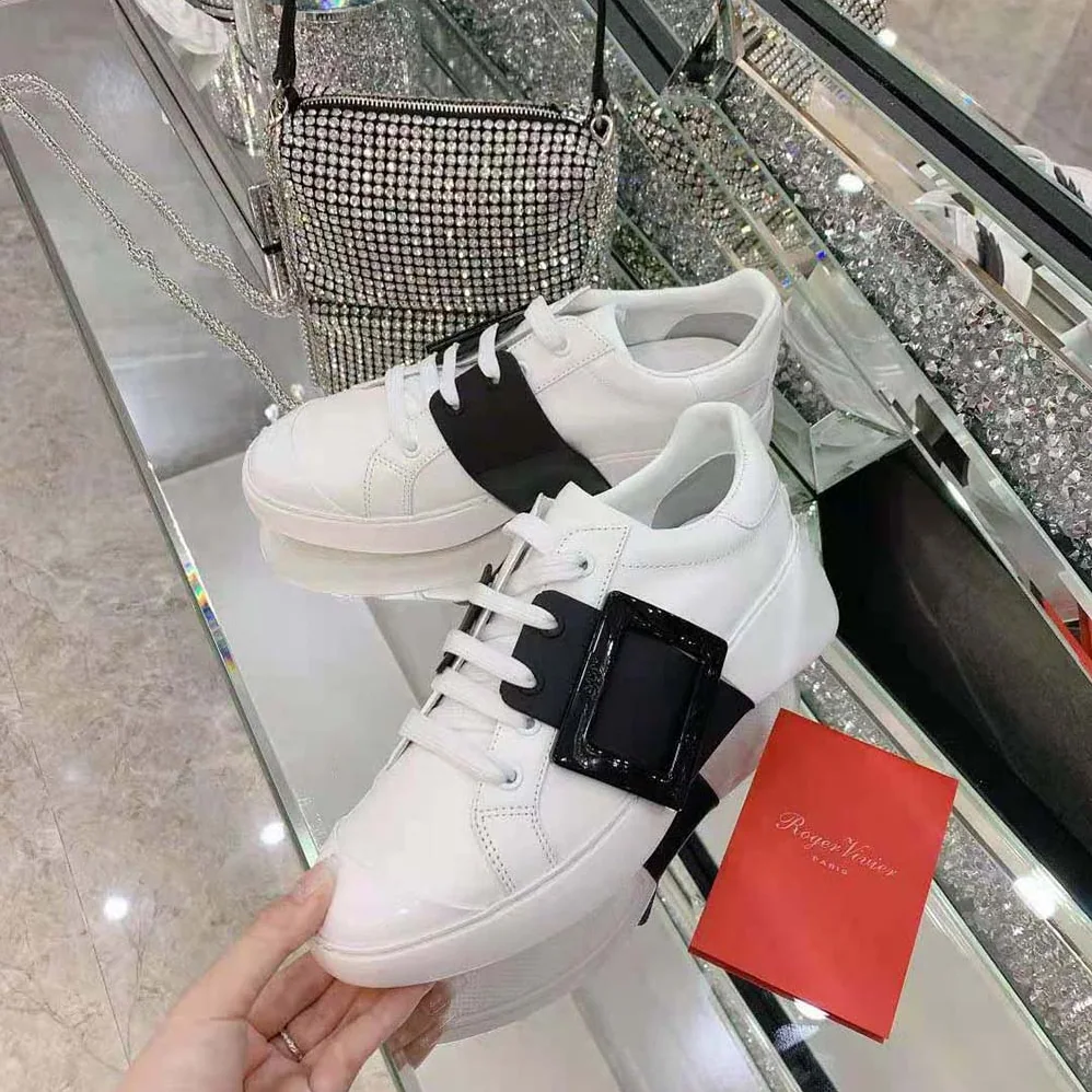 Roger Vivier Viv Skate Lacquered Buckle Sneakers in Soft Leather for Women in Black Roger Vivier Viv Skate Lacquered Buckle Sneakers in Soft Leather for Women in Black