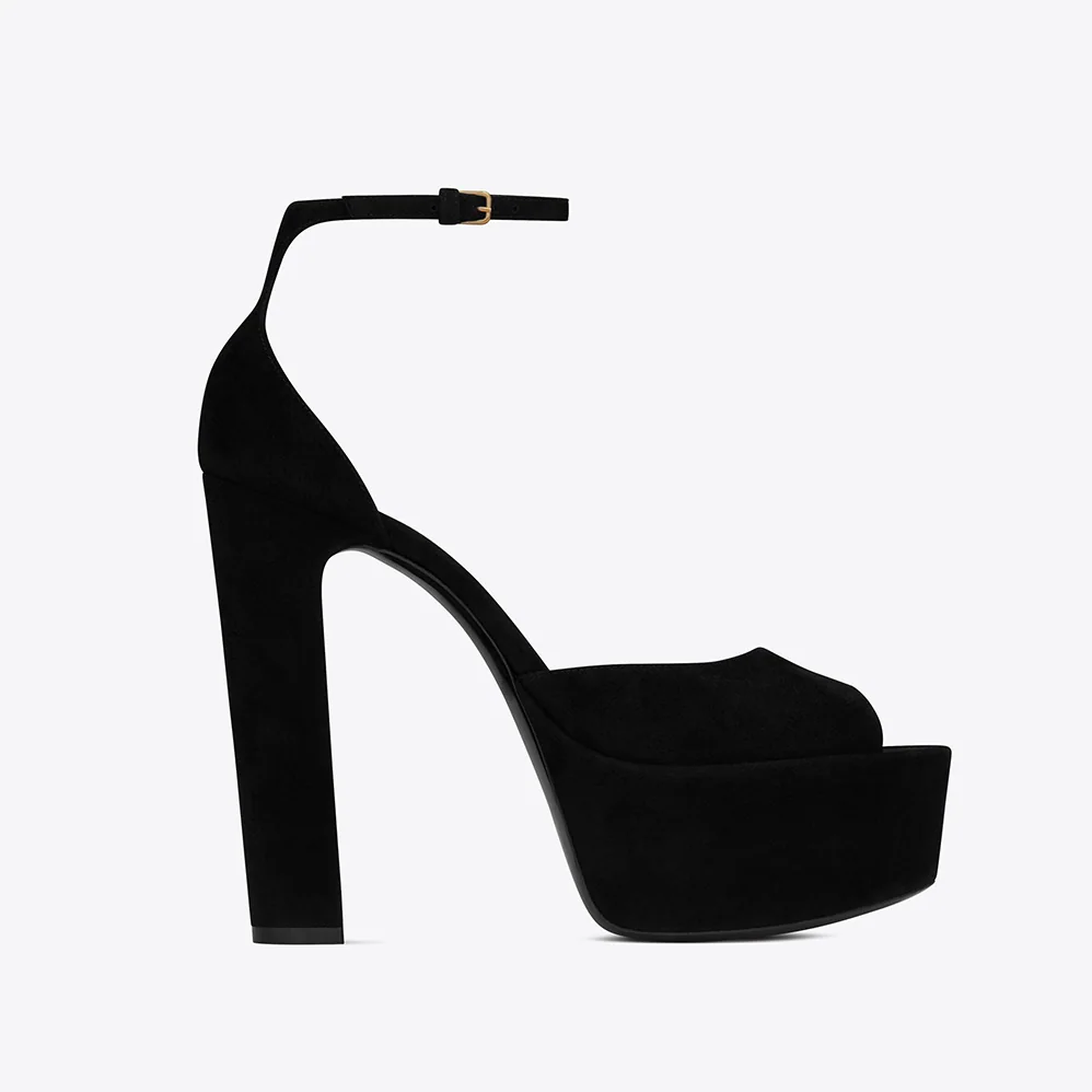 Saint Laurent YSL Jodie Platform Sandals in Suede for Women in Black