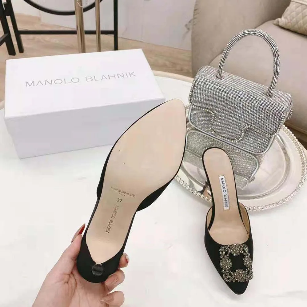 Manolo Blahnik Black Satin Jewel Buckle Mules for Women Manolo Blahnik Black Satin Jewel Buckle Mules for Women