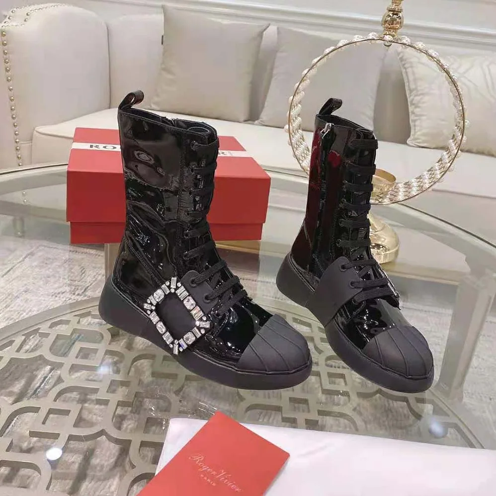 Roger Vivier Viv Skate Lace Up Strass Buckle Booties in Leather for Women in Black Roger Vivier Viv Skate Lace Up Strass Buckle Booties in Leather for Women in Black