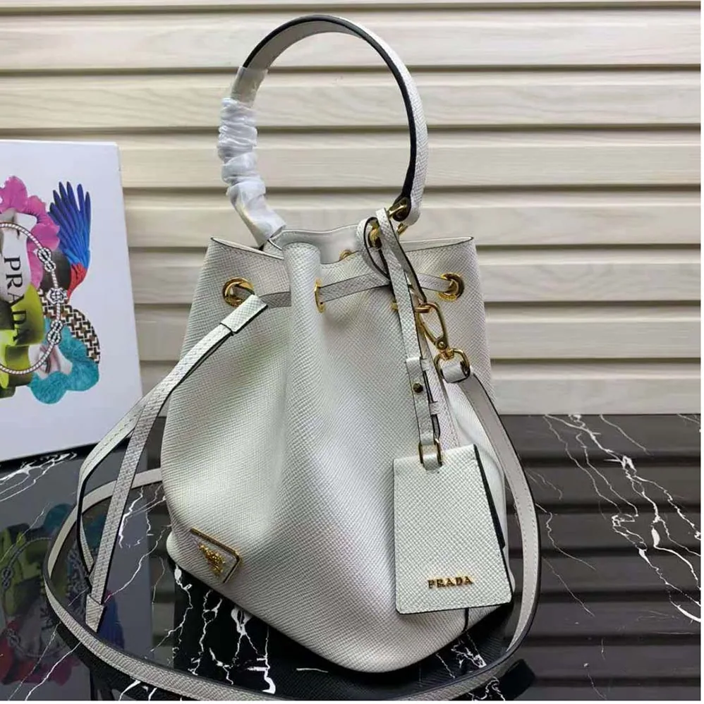 Prada Saffiano Leather Bucket Bag for Women in White Prada Saffiano Leather Bucket Bag for Women in White