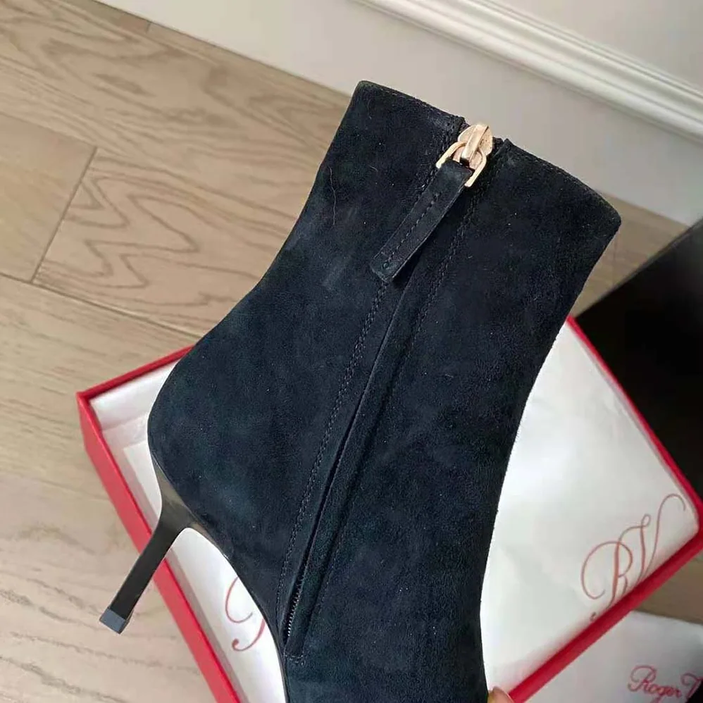 Roger Vivier Viv' Choc Metal Buckle Booties in Suede for Women in Black Roger Vivier Viv' Choc Metal Buckle Booties in Suede for Women in Black