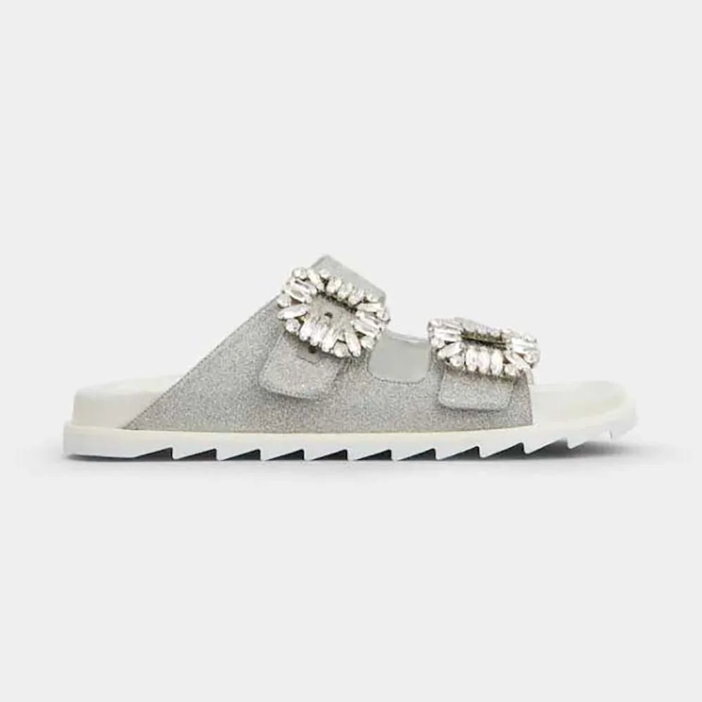 Roger Vivier Slidy Viv Strass Buckle Sandals in Fabric for Women in Gray Roger Vivier Slidy Viv Strass Buckle Sandals in Fabric for Women in Gray