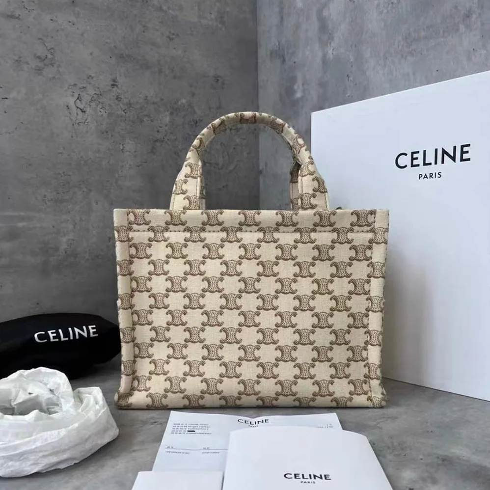 Celine Small Cabas Thais in Textile with Triomphe Canvas Print and Calfskin for Women in Beige