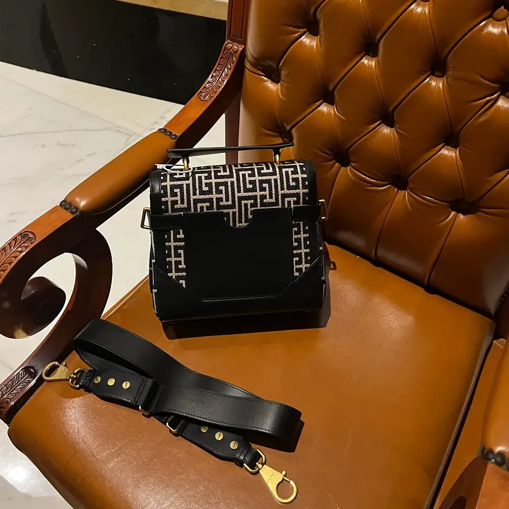 Balmain Bicolor Khaki and Black Calfskin Jacquard B for Women in Buzz Bag