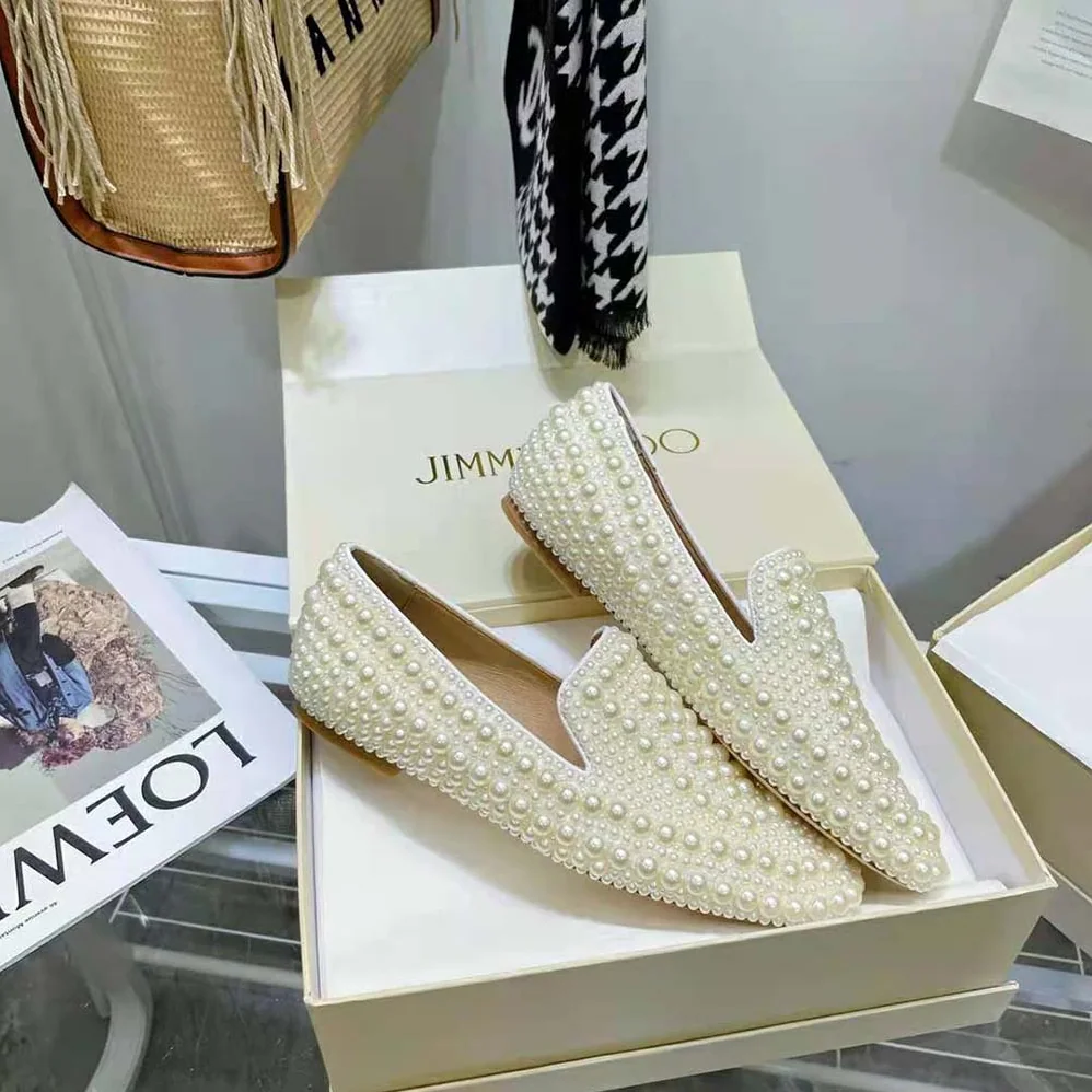 Jimmy Choo Varsha Flat White Satin Flats with All for Women in Over Pearl Embellishment