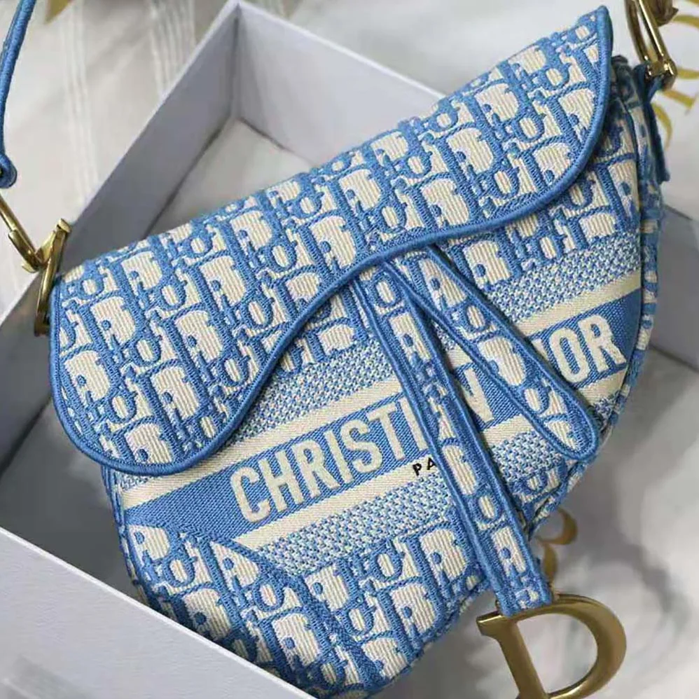Dior Saddle Bag Cornflower Blue Dior Oblique Embroidery for Women