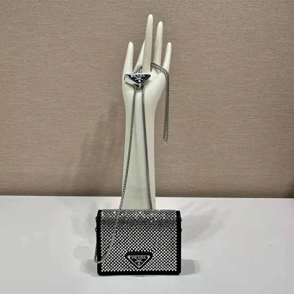 Prada Crystal-Studded Card Holder with Shoulder Strap for Women in Black