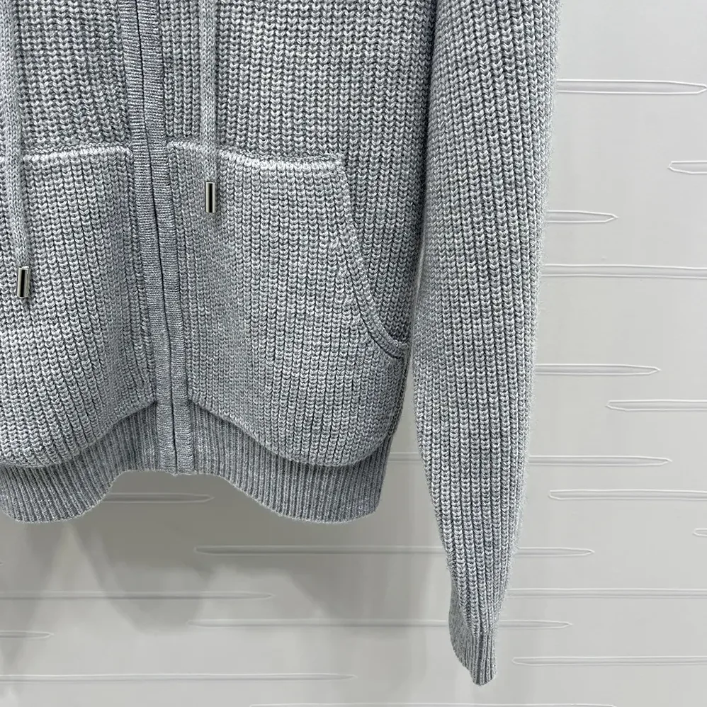 Celine Hooded Cardigan In Ribbed Wool for Women in Grey