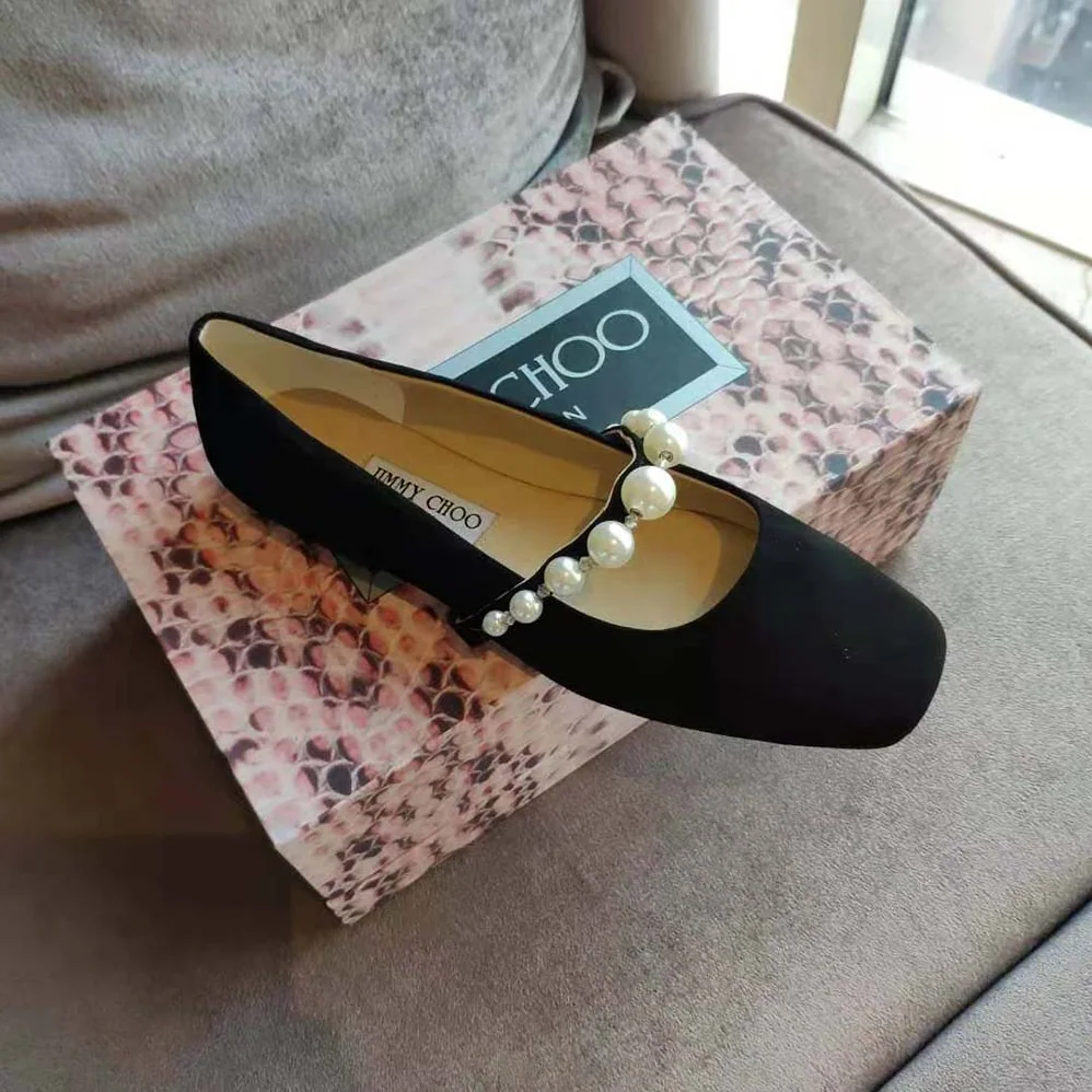 Jimmy Choo Ade Flat Ballet Black Suede Flats with Pearl Embellishment for Women