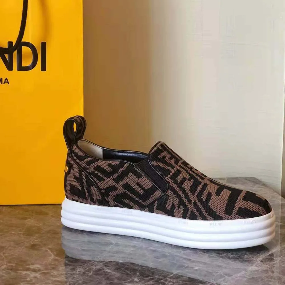 Fendi Rise Brown Fabric Slip Ons for Women