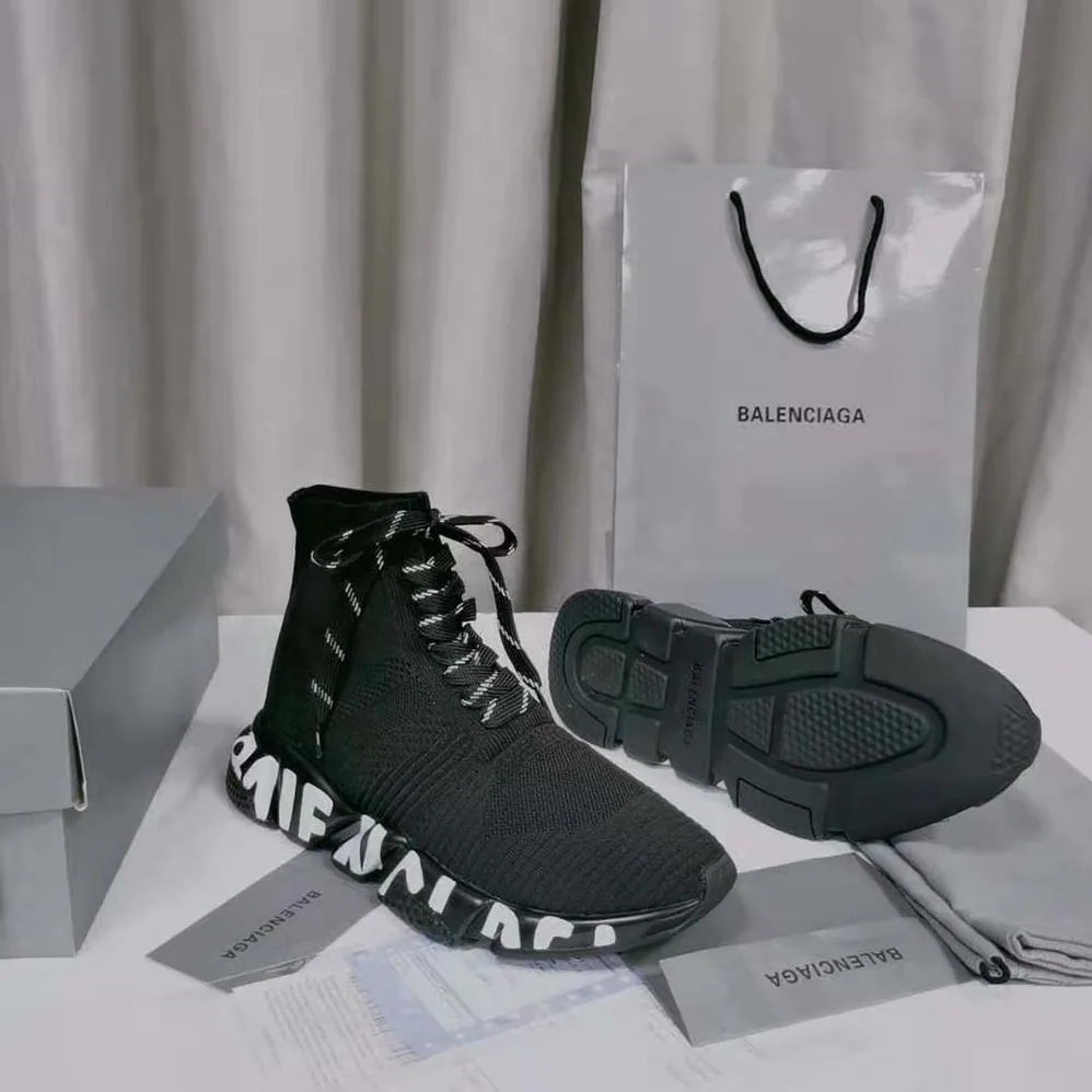 Balenciaga Speed Lace up Graffiti Sneaker in Black for Women in White Balenciaga Speed Lace up Graffiti Sneaker in Black for Women in White