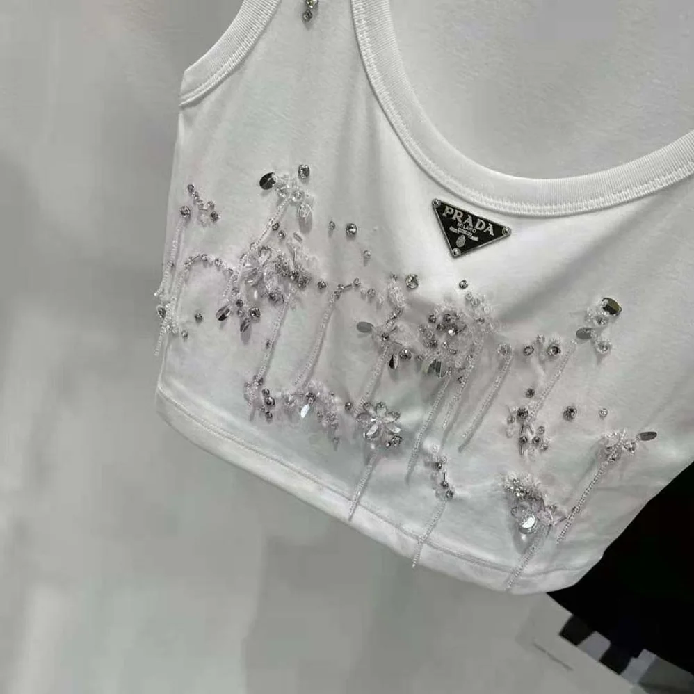 Prada Embroidered Ribbed Knit Jersey Top for Women in White Prada Embroidered Ribbed Knit Jersey Top for Women in White