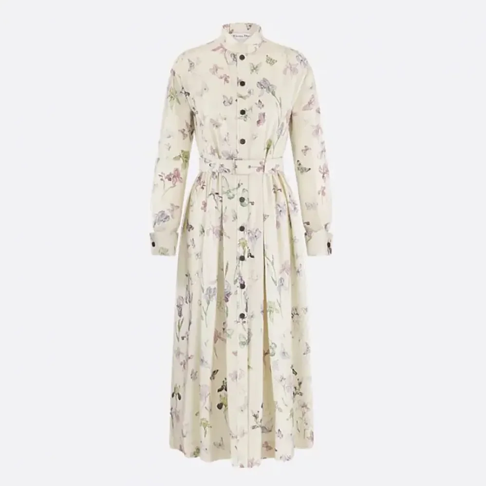 Dior Mid-Length Belted Shirtdress Beige Silk Twill with Multicolor Butterflies & Iris Motif for Women